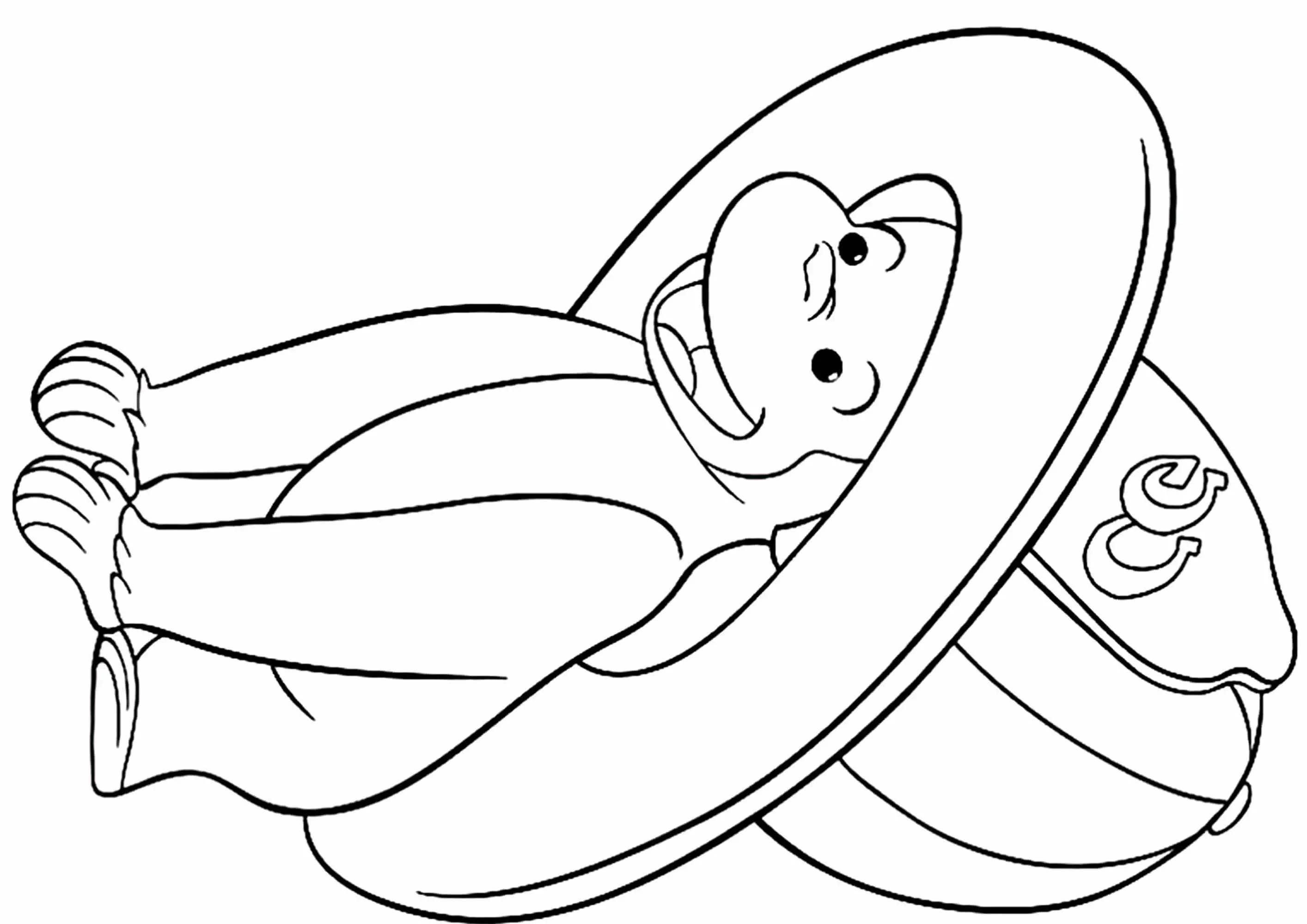 George et un grand casque de pompier (Coloriage de Georges le petit curieux à imprimer pour enfants)