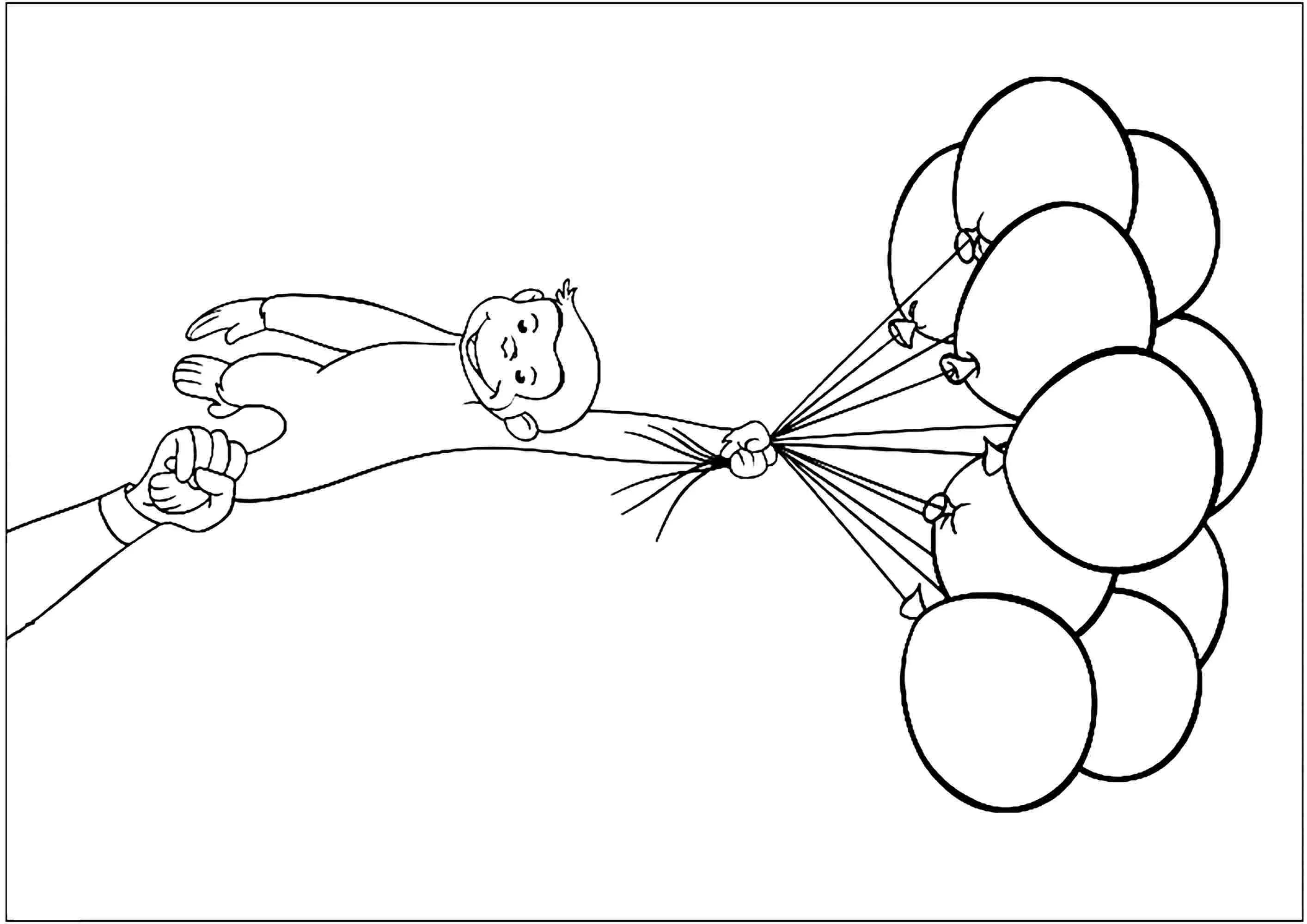 George s'envole avec des ballons (Coloriage de Georges le petit curieux à imprimer pour enfants)