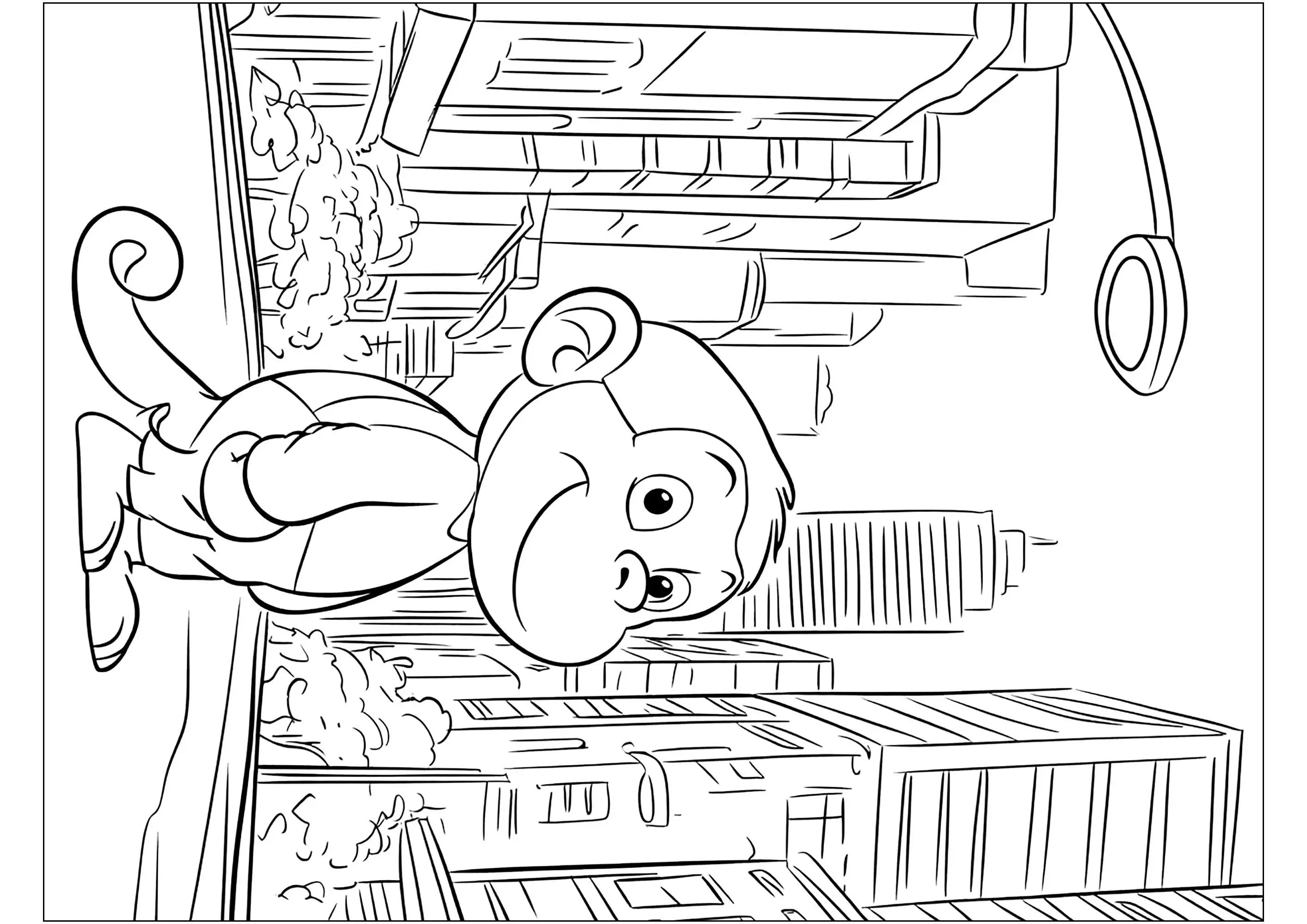 George dans une grande ville avec des buildings (Coloriage de Georges le petit curieux à imprimer pour enfants)
