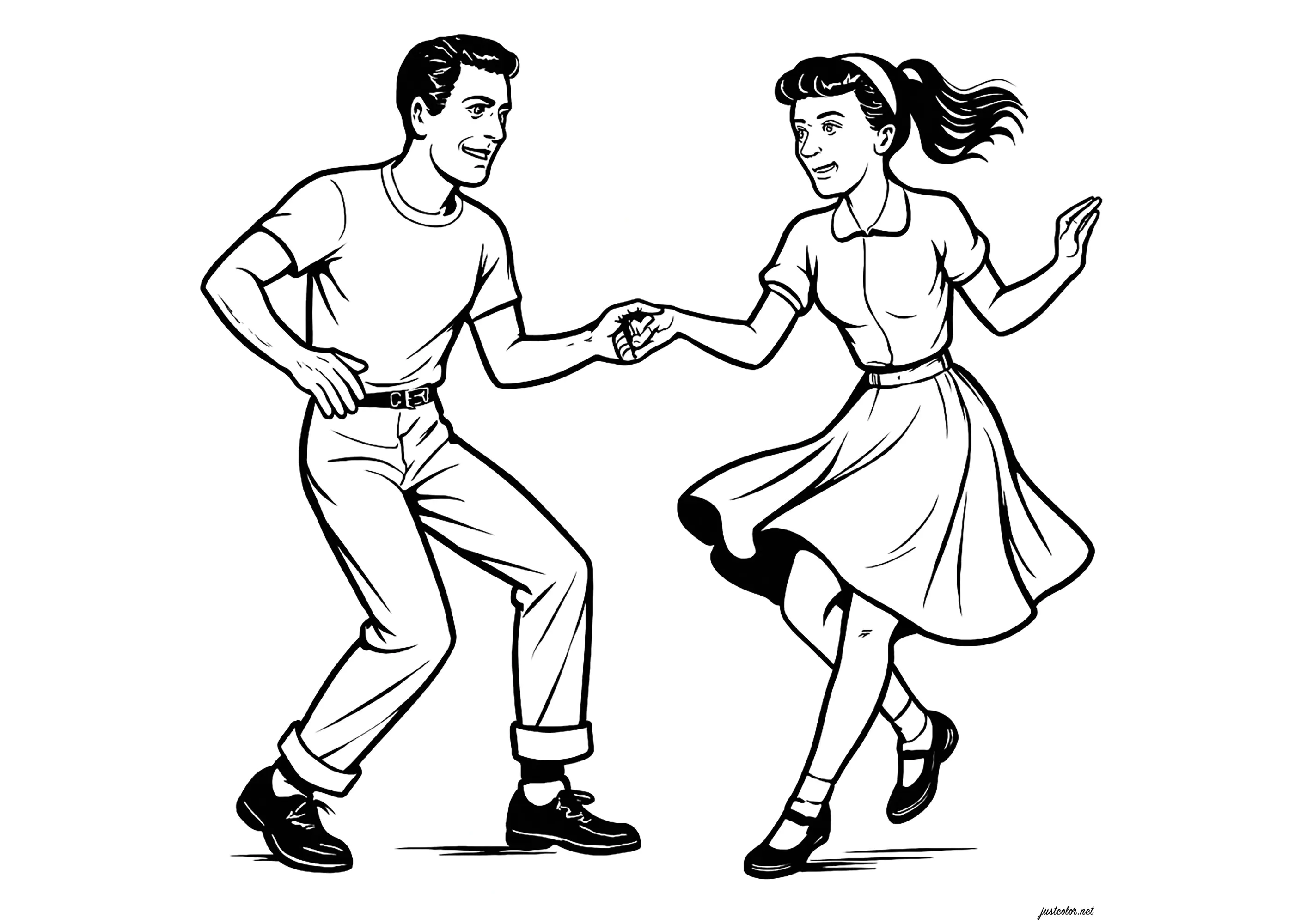 Couple dansant le Rock 'n Roll (Coloriage de Danse à imprimer pour enfants)