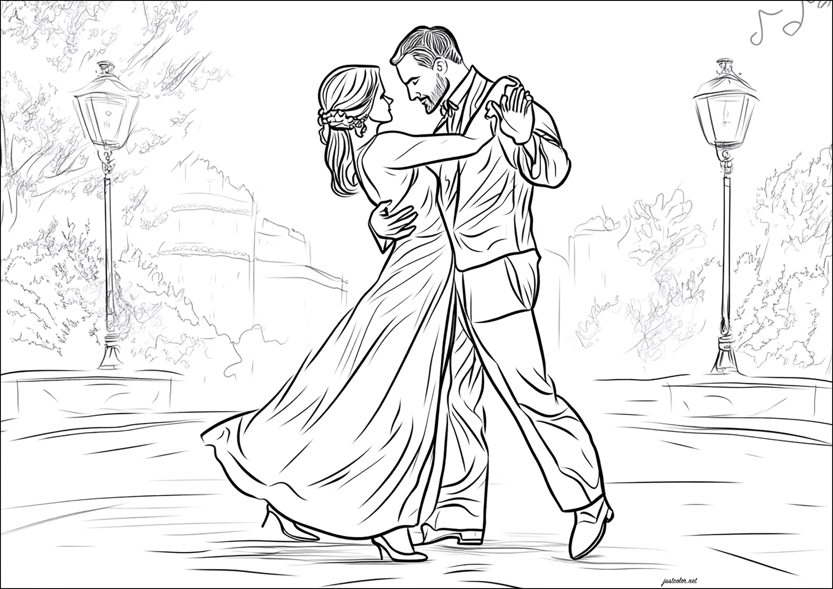 Couple réalisant un tango, entre deux lampadaires (Coloriage de Danse à imprimer pour enfants)
