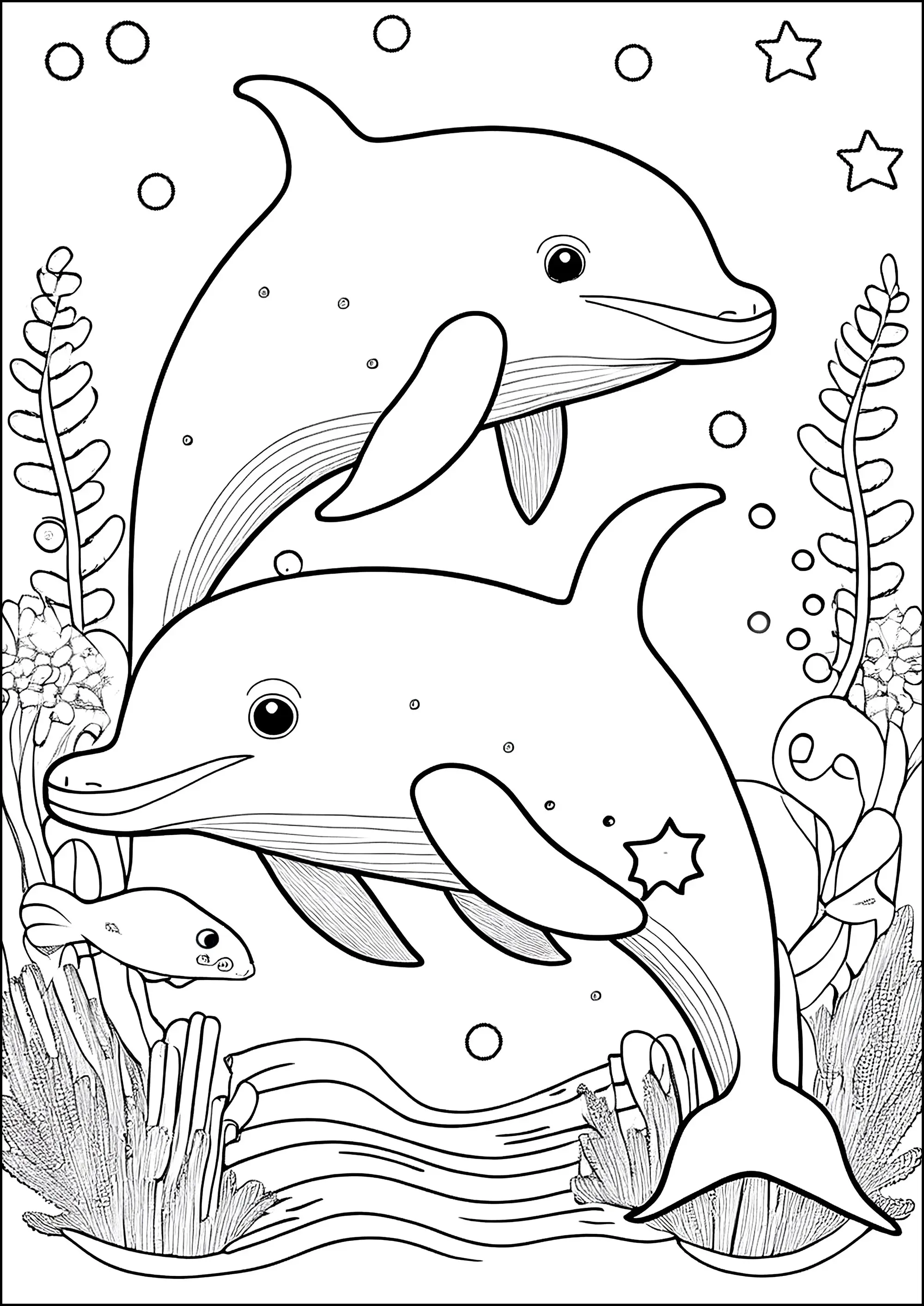 Deux dauphins dans les fonds marins (Coloriage à imprimer pour enfants)