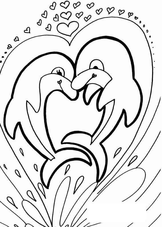 Deux Dauphins formant un joli coeur à colorier