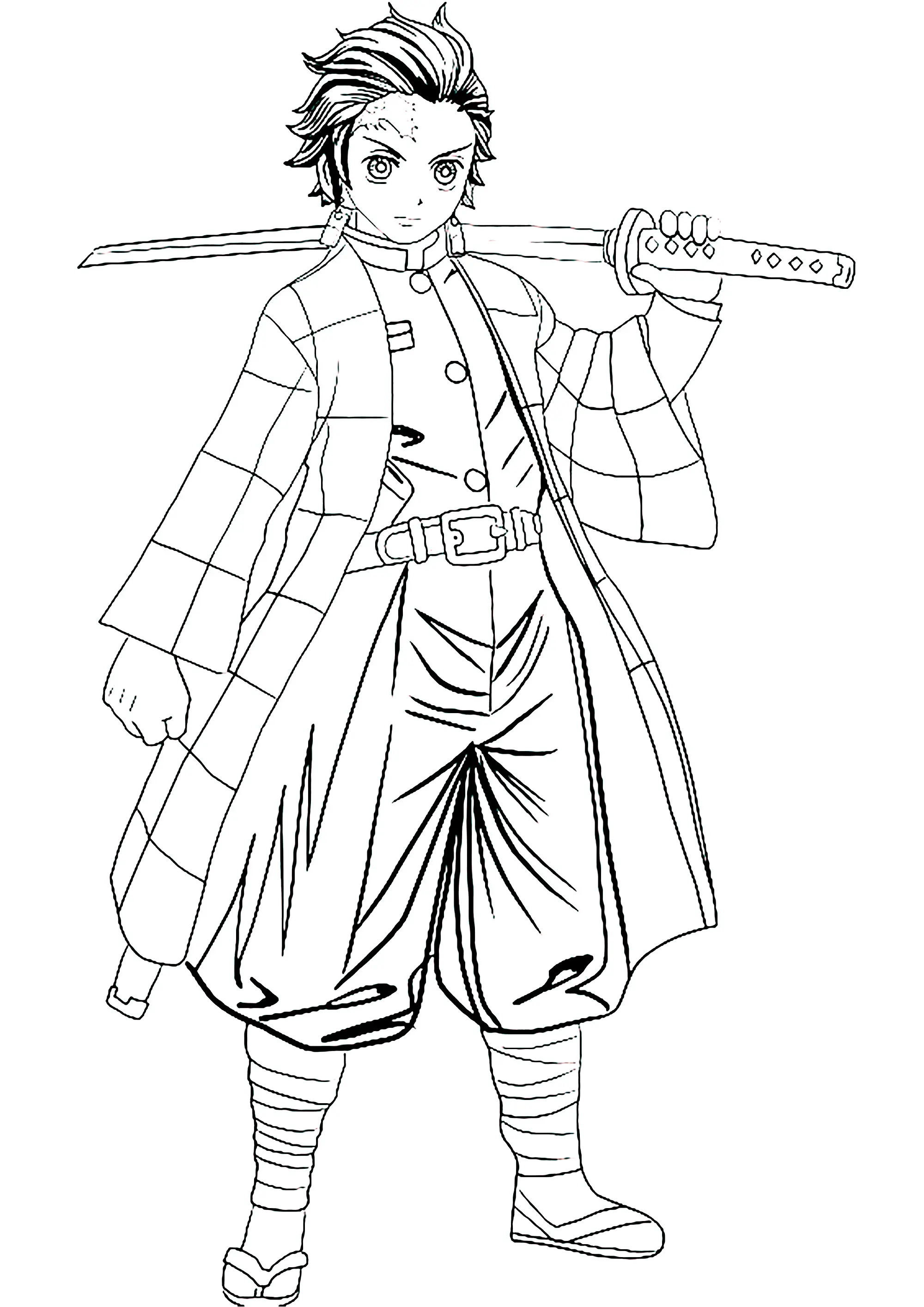 Tanjiro Kamado avec son épée (Coloriage de Demon Slayer à imprimer pour enfants)