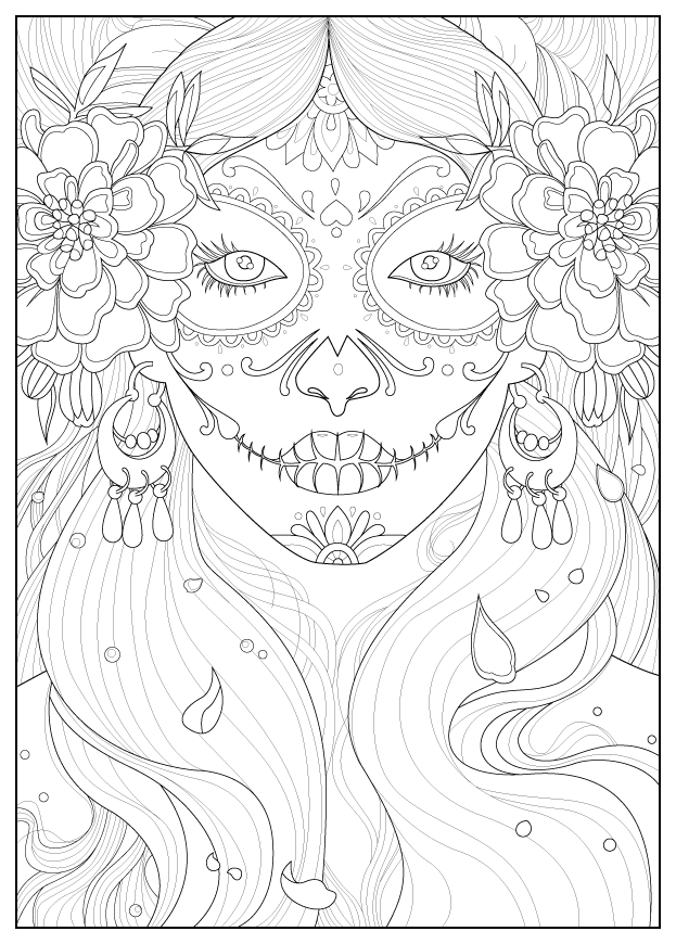 Coloriage inspiré par la fête traditionnelle mexicaine 'Día de los Muertos', avec une femme maquillée pour l'occasion