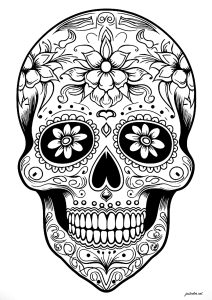 Crâne Día de los muertos - motifs floraux simples (Coloriage de Día de los Muertos (Le Jour des morts))