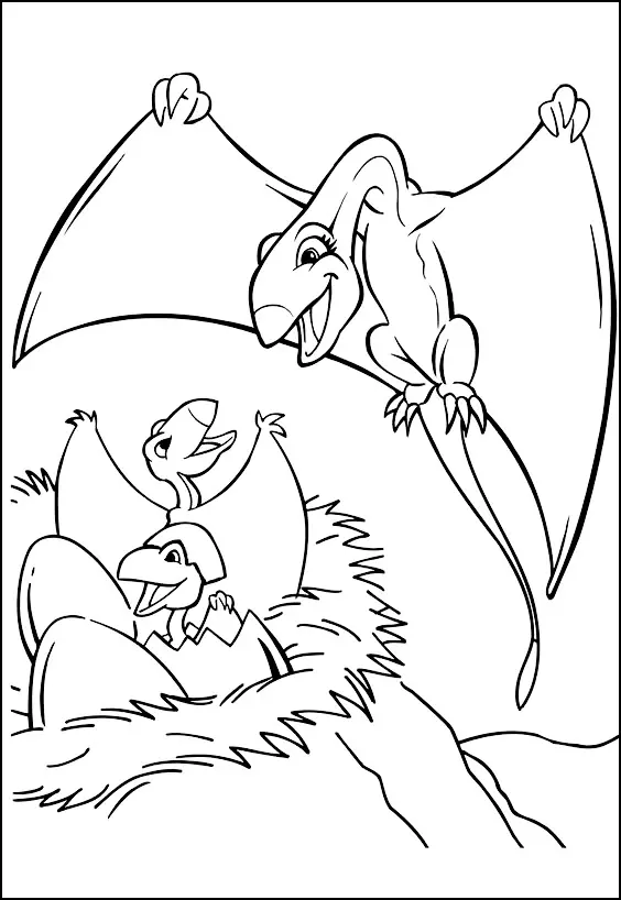 Maman Pterodactyl et ses petits tout juste sortis de leurs oeufs (Coloriage de Dinosaures à imprimer pour enfants)