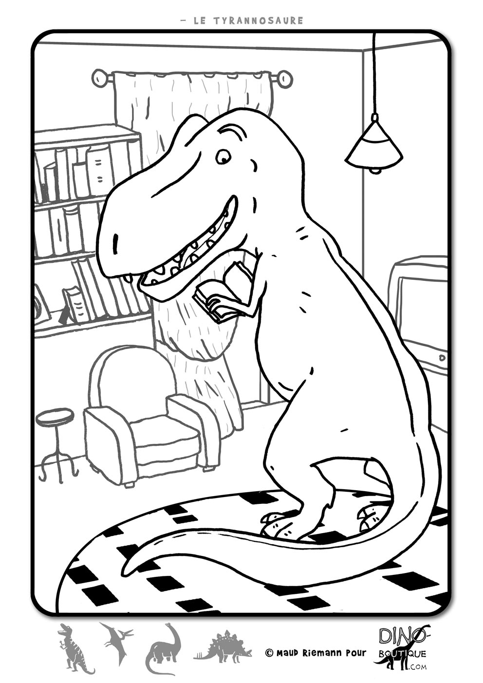 Un T Rex rigolo dans une maison, à colorier