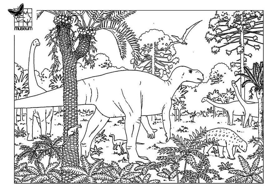 Joli dinosaure dans un beau paysage jurassique à colorier