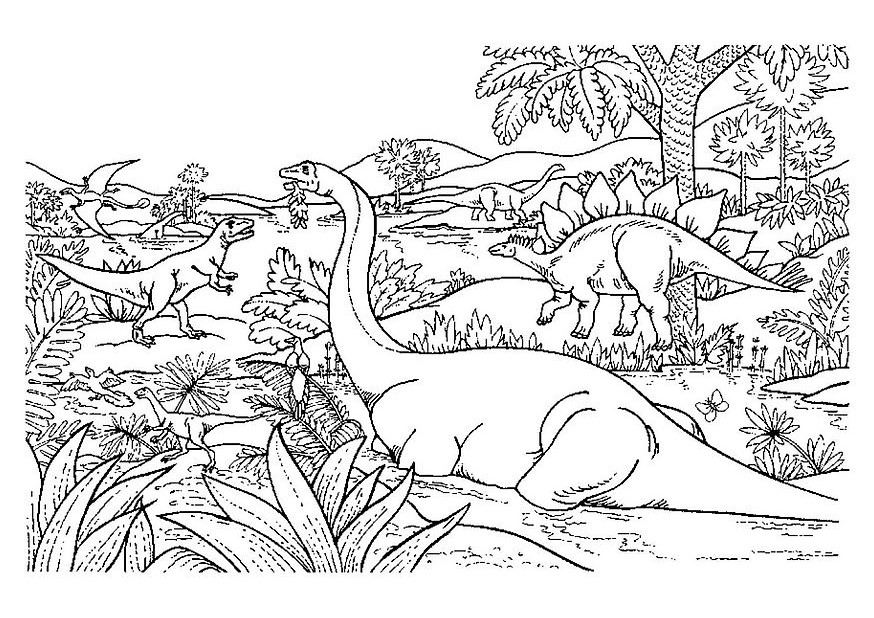 Dinosaure dans un paysage préhistorique à colorier