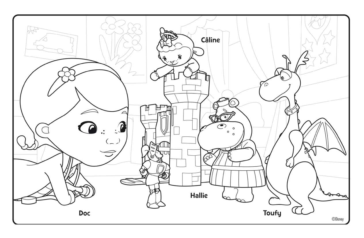 Quatre personnages de Docteur La Peluche (Disney) à colorier