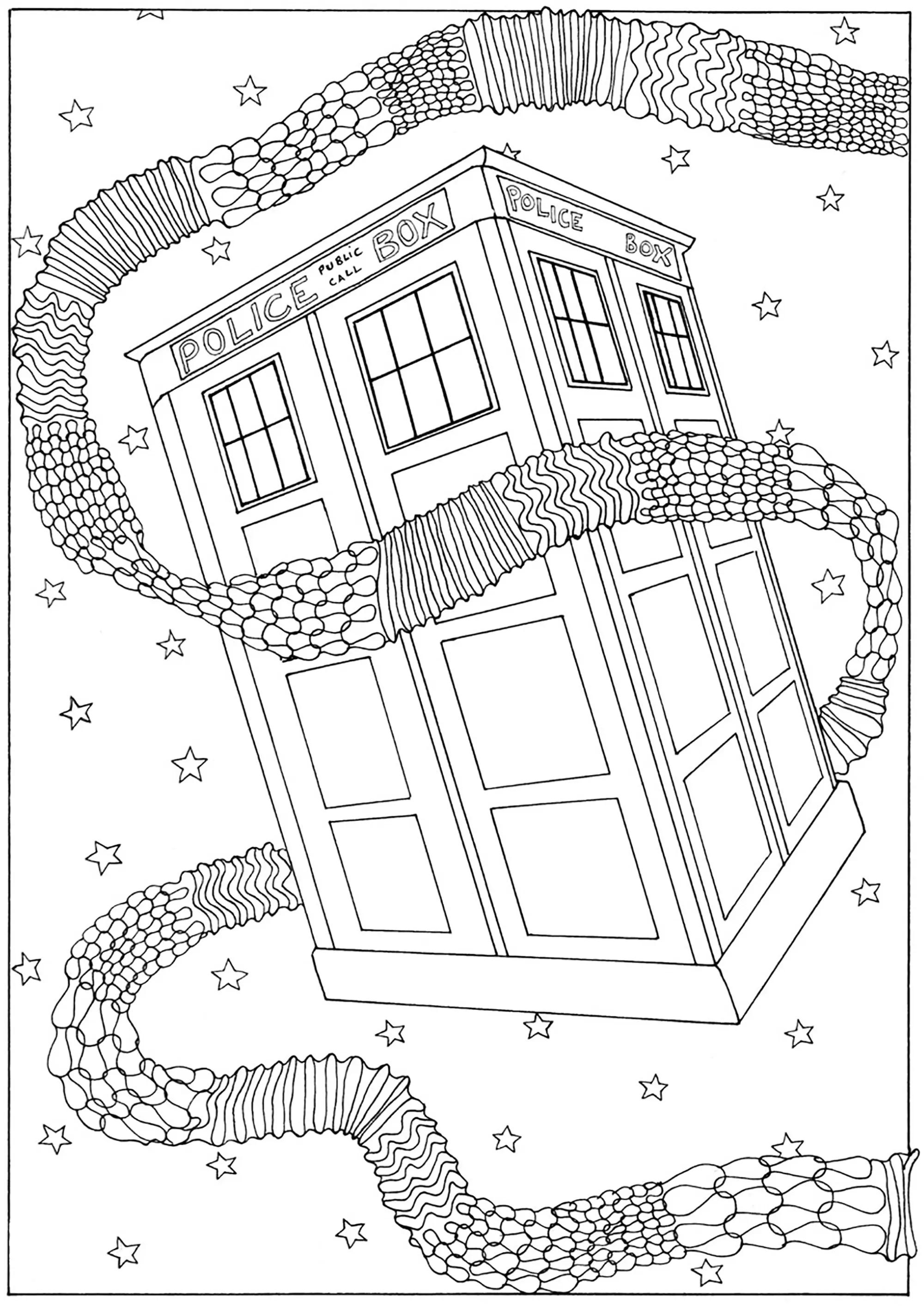 TARDIS dans l'espace (Coloriage de Doctor Who à imprimer pour enfants)