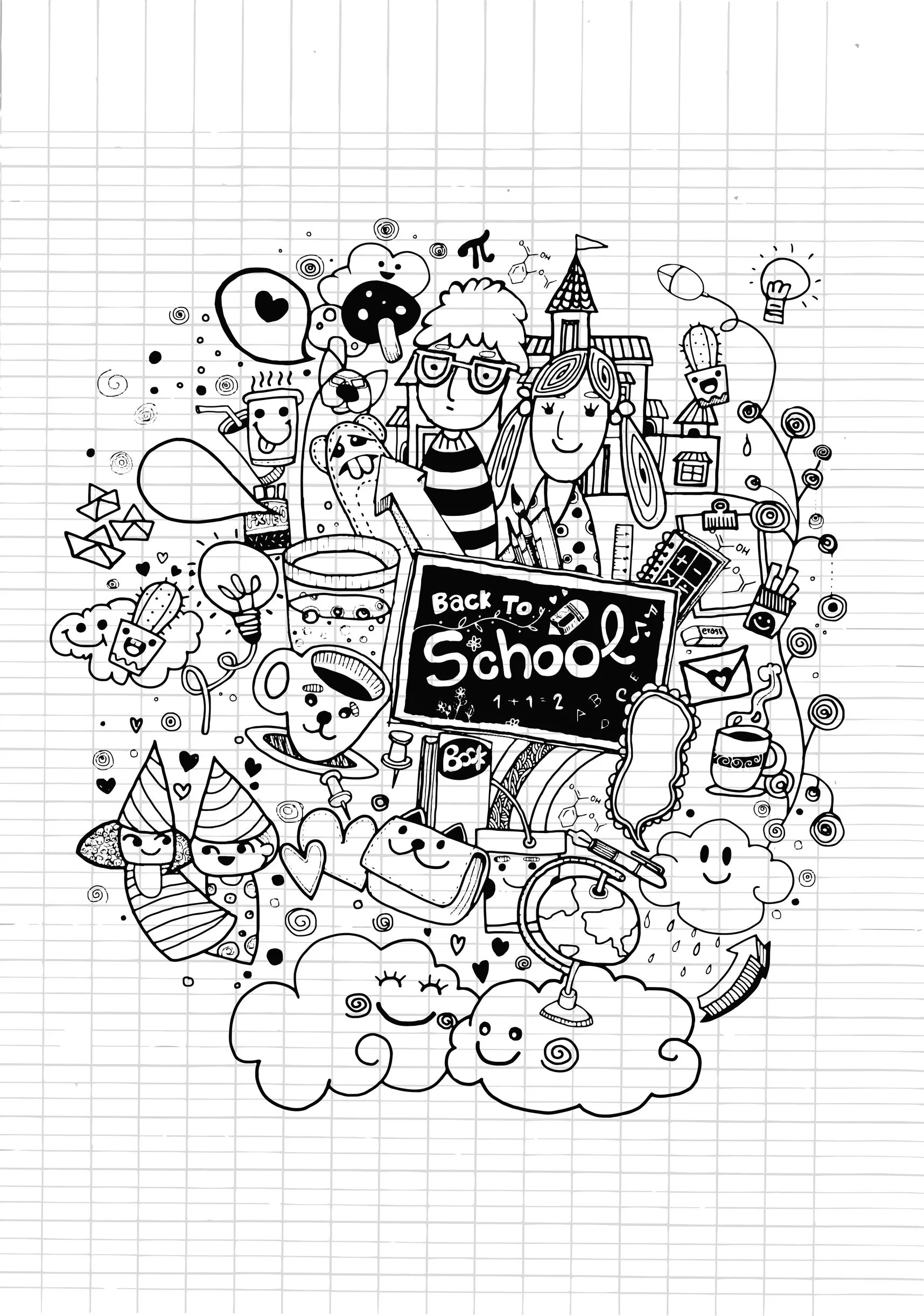 Doodle ecole (Coloriage de Doodle Art à imprimer pour enfants)