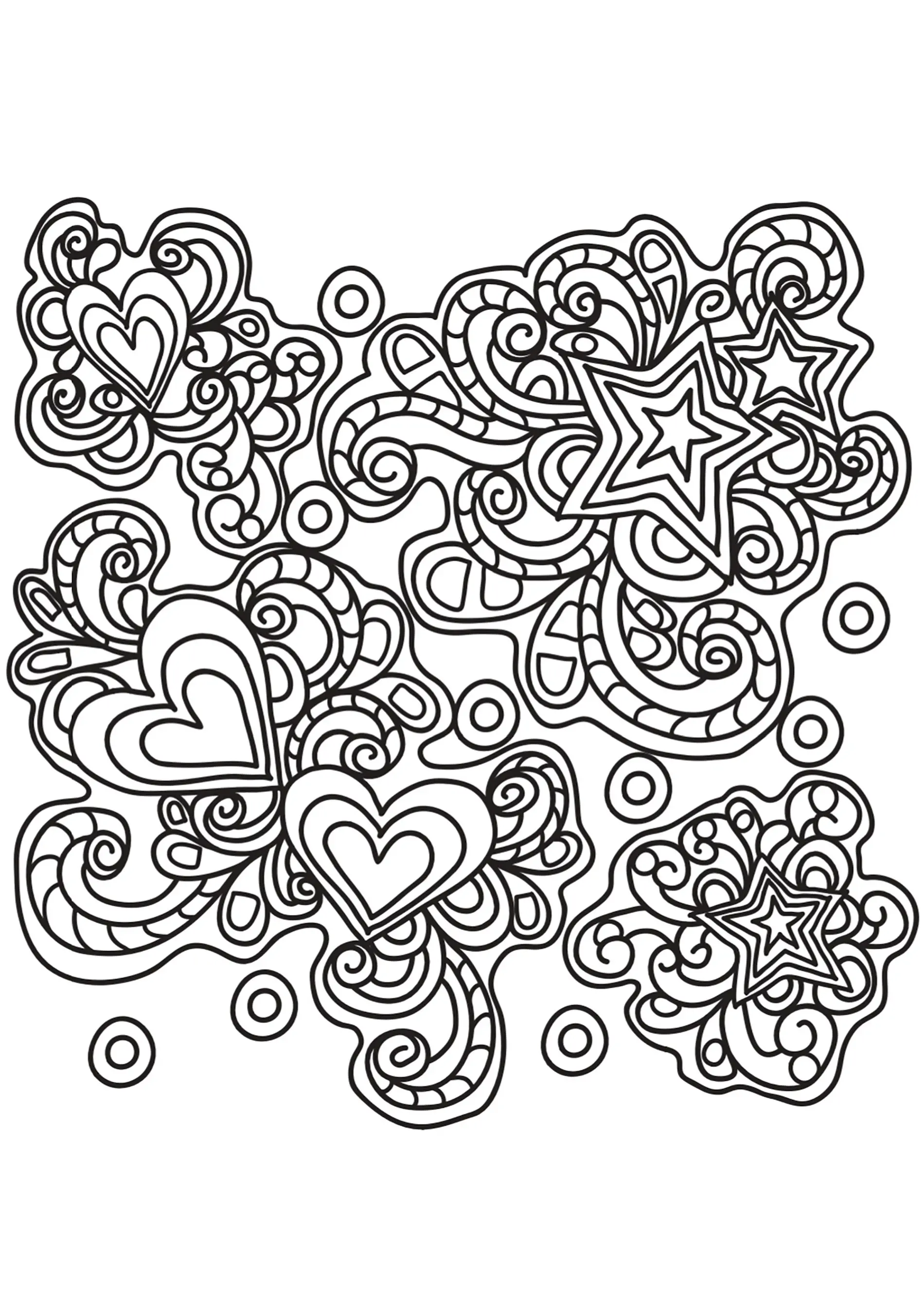 Doodle avec coeurs et étoiles (Coloriage de Doodle Art à imprimer pour enfants)