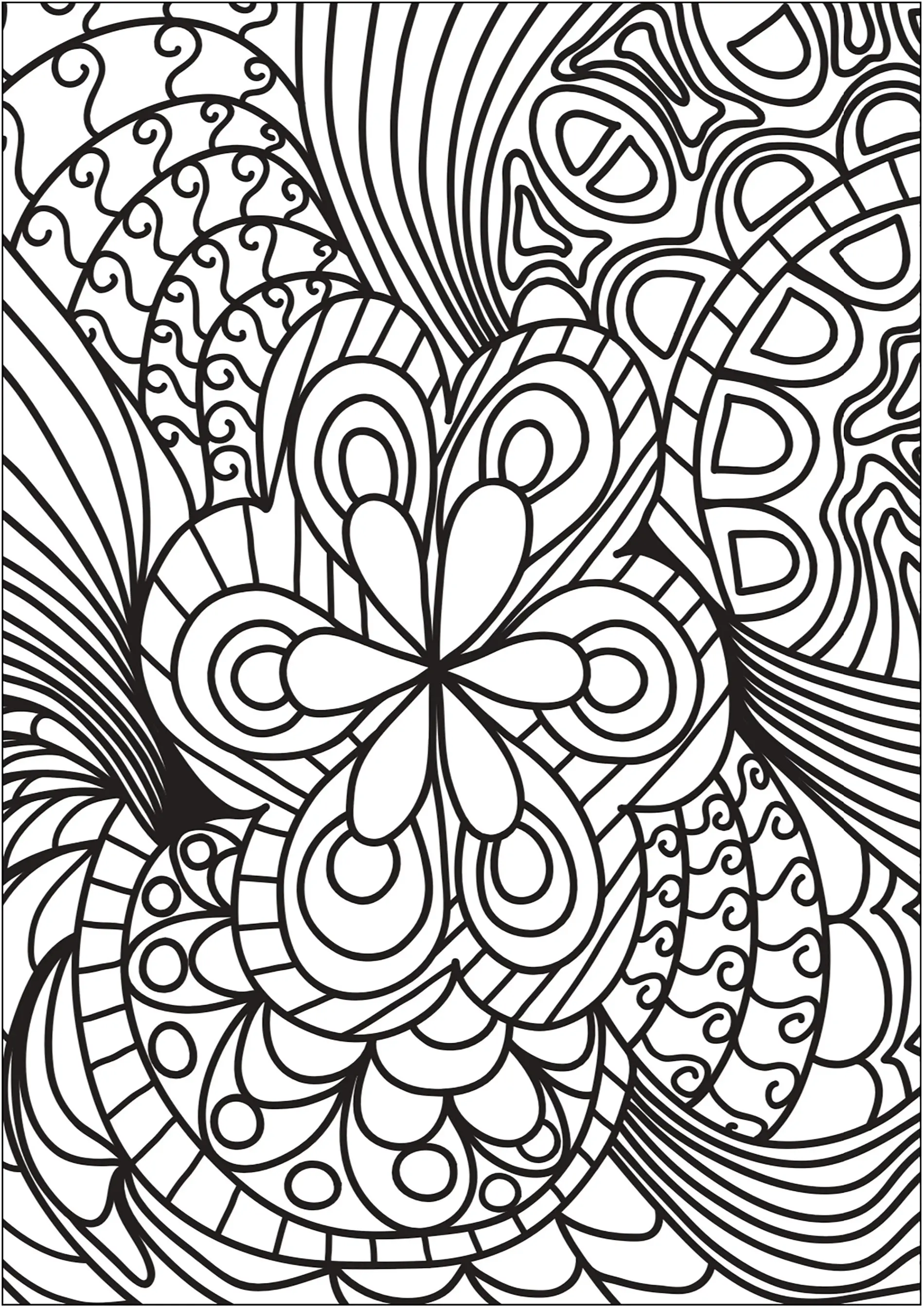 Doodle avec une fleur centrale (Coloriage de Doodle Art à imprimer pour enfants)