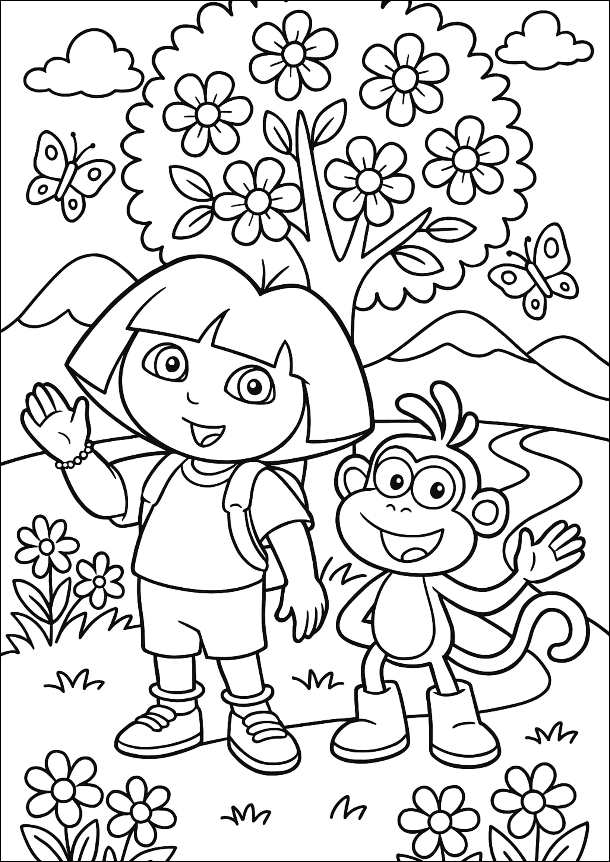 Dora et Babouche dans la forêt enchantée (Coloriage de Dora l&rsquo;exploratrice à imprimer pour enfants)