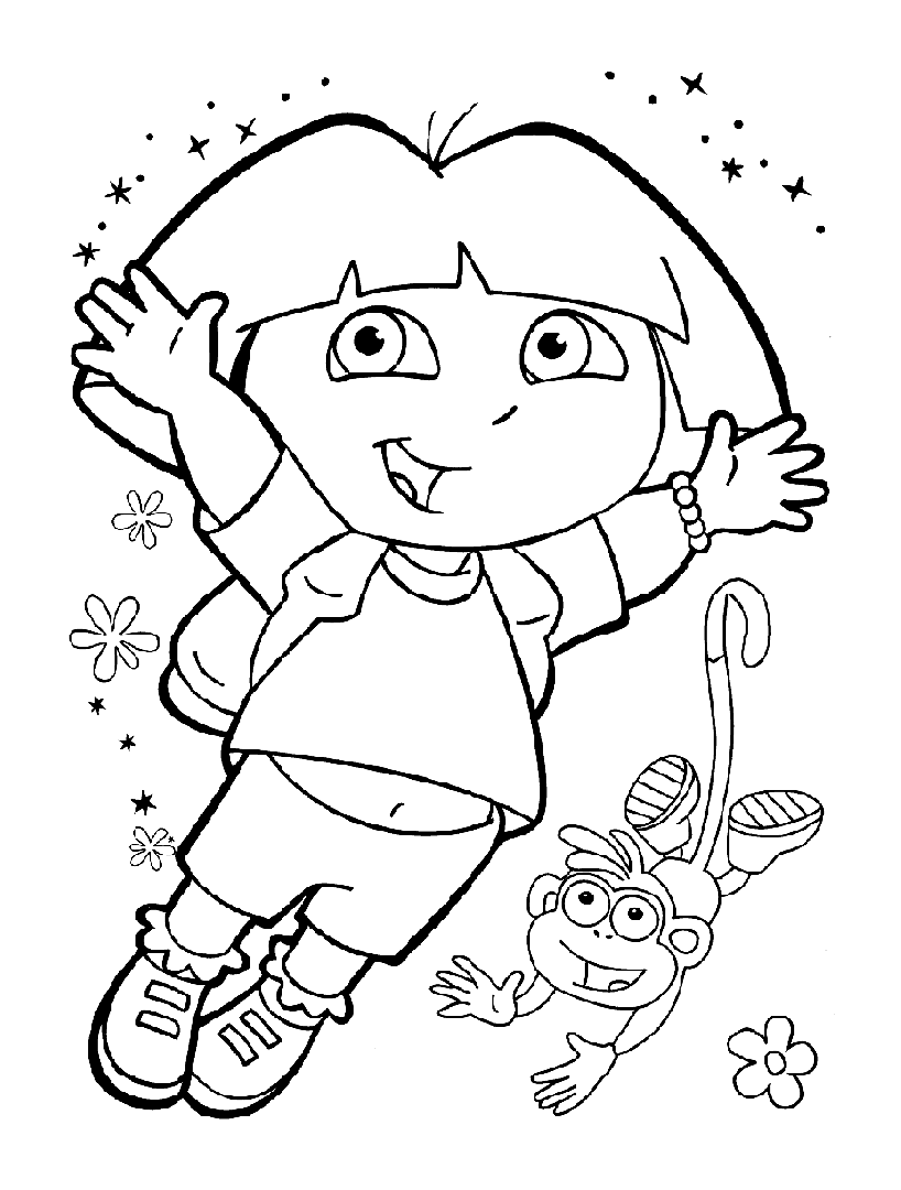 Dora saute ! coloriage simple avec traits épais pour ne pas dépasser, et peu de détails