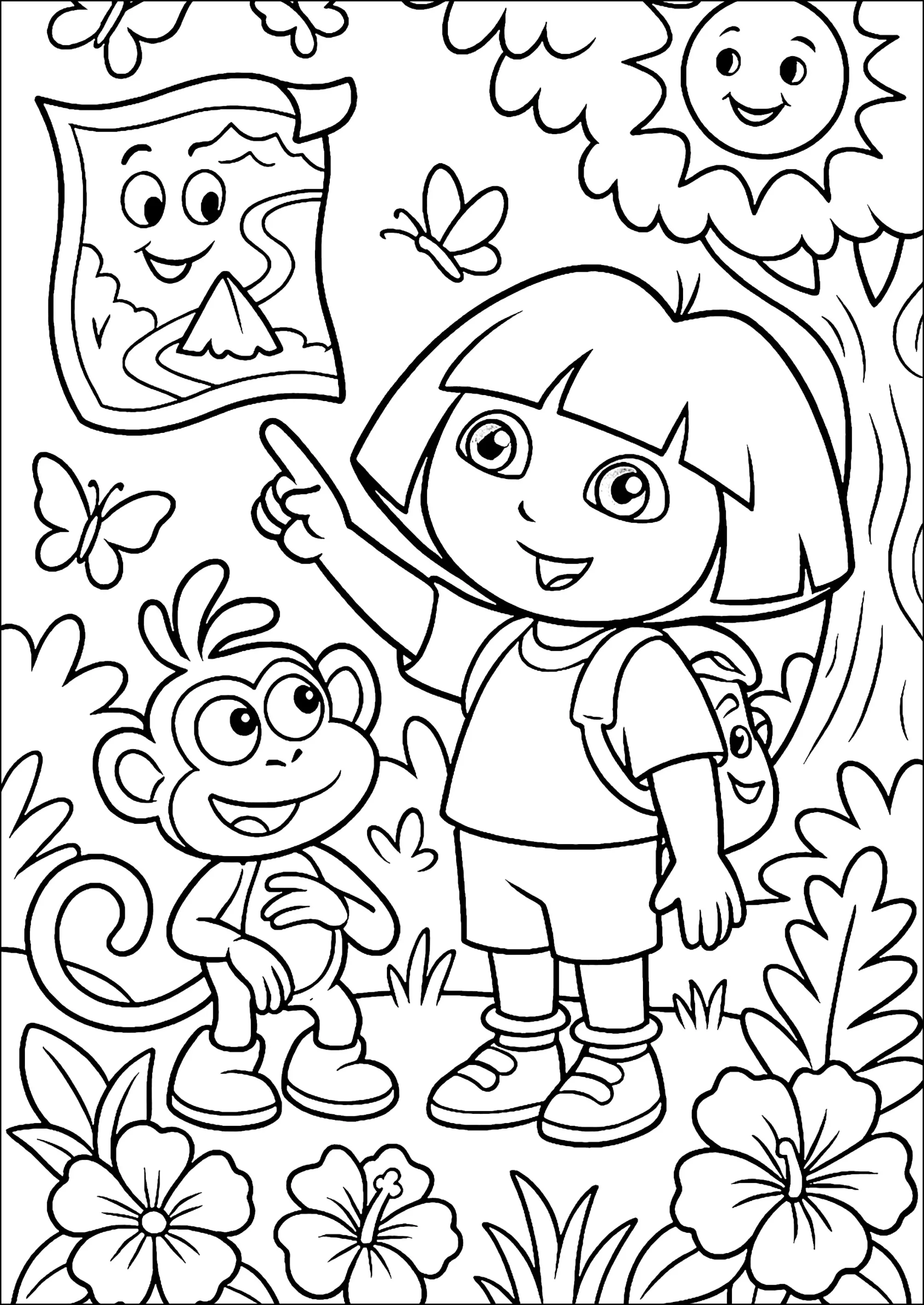 Exploration en pleine nature (Coloriage de Dora l&rsquo;exploratrice à imprimer pour enfants)