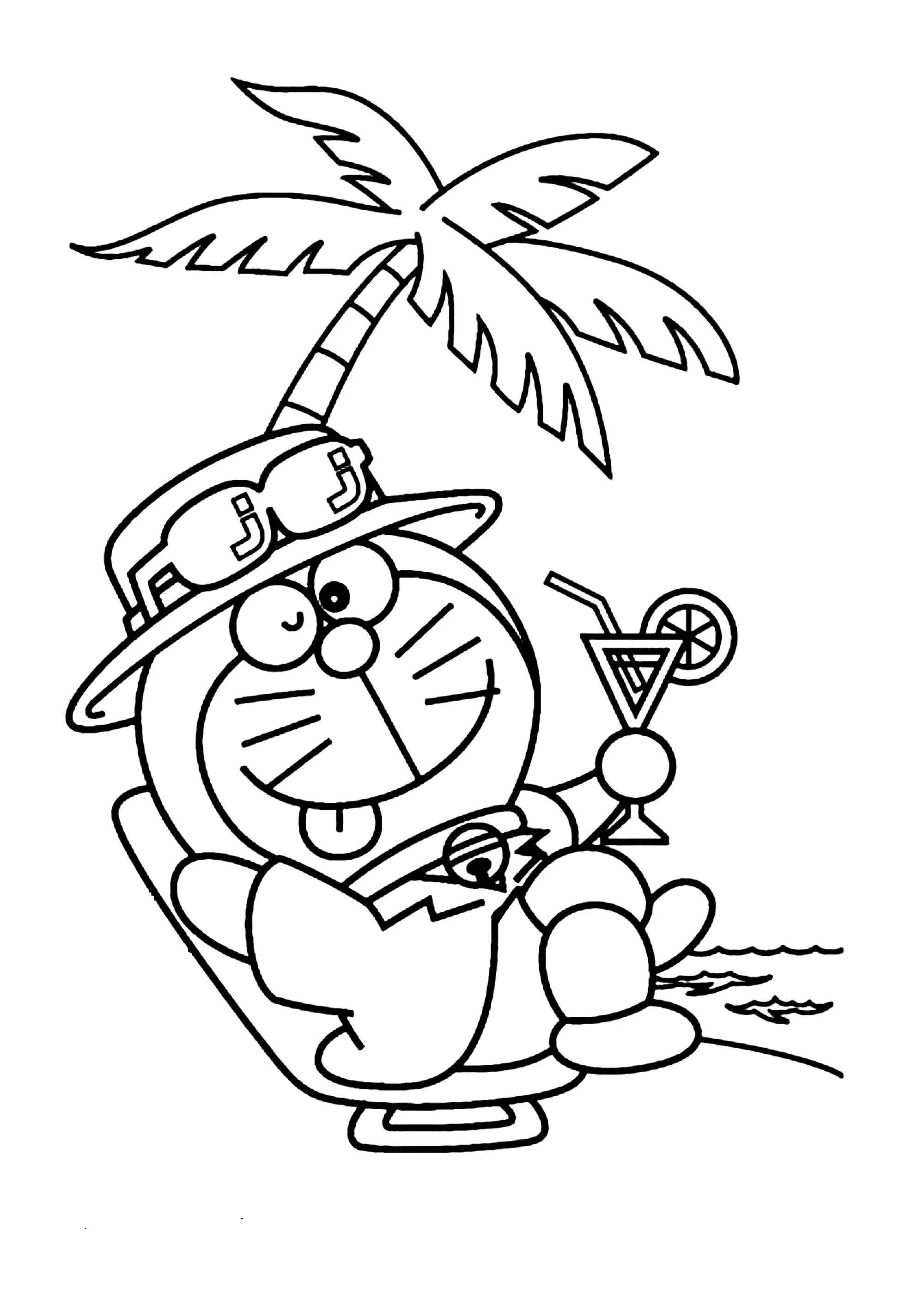 Doraemon boit un petit cocktail à l'ombre d'un palmier (Coloriage à imprimer pour enfants)