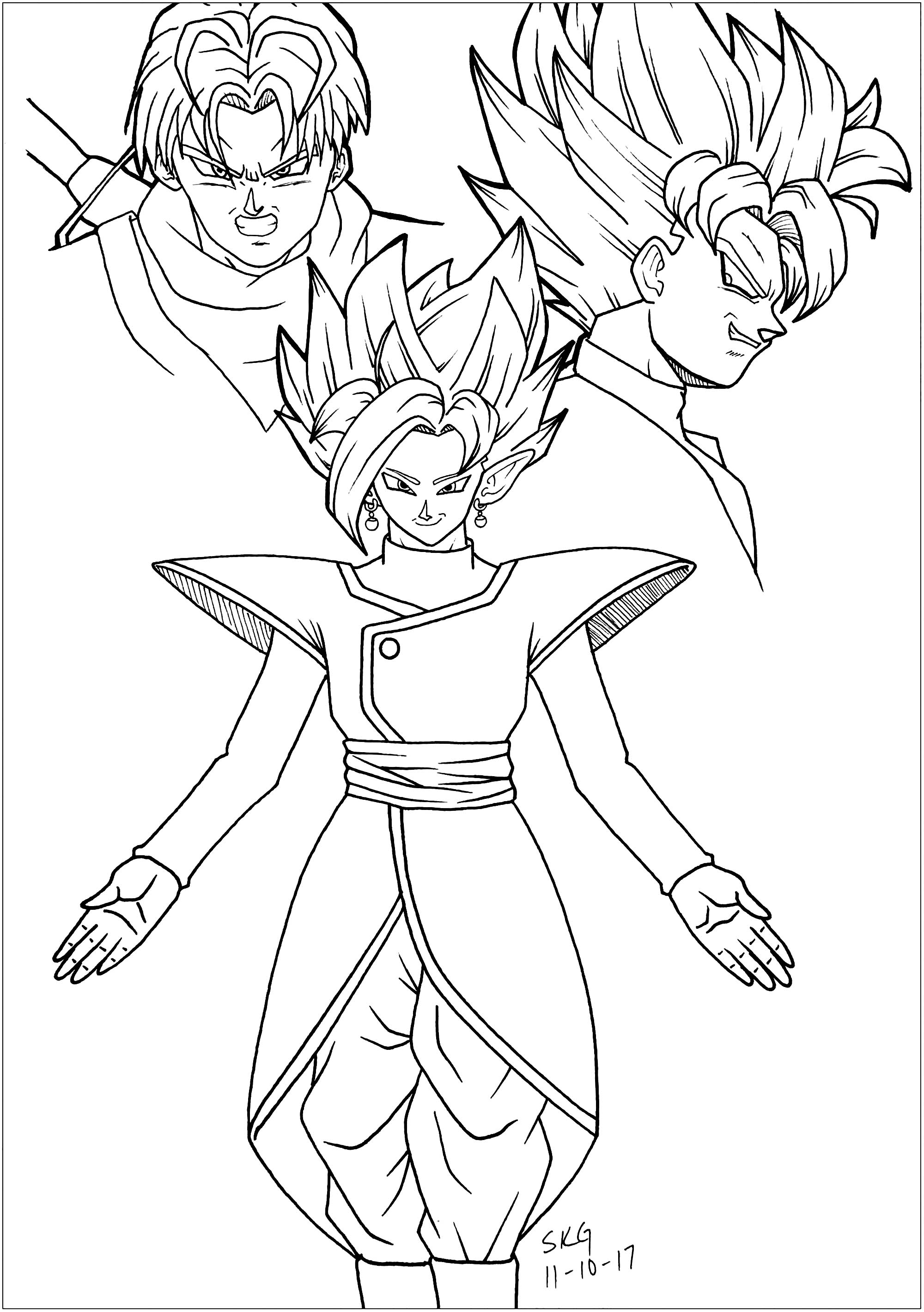 Dragon Ball Super coloring page with few details for kids : Black Goku , Trunks and Zamasu