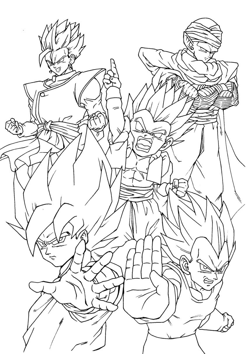 Superbe coloriage avec Picolo, Gotrunks, Gohan, Vegeta et Goku