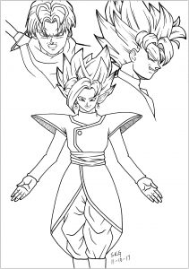 Coloriage de Dragon Ball à imprimer pour enfants : Black Goku, Trunks et Zamasu