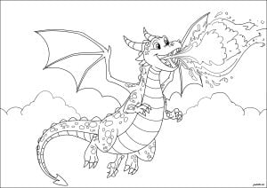 Dragon dans le ciel crachant du feu (Coloriage)