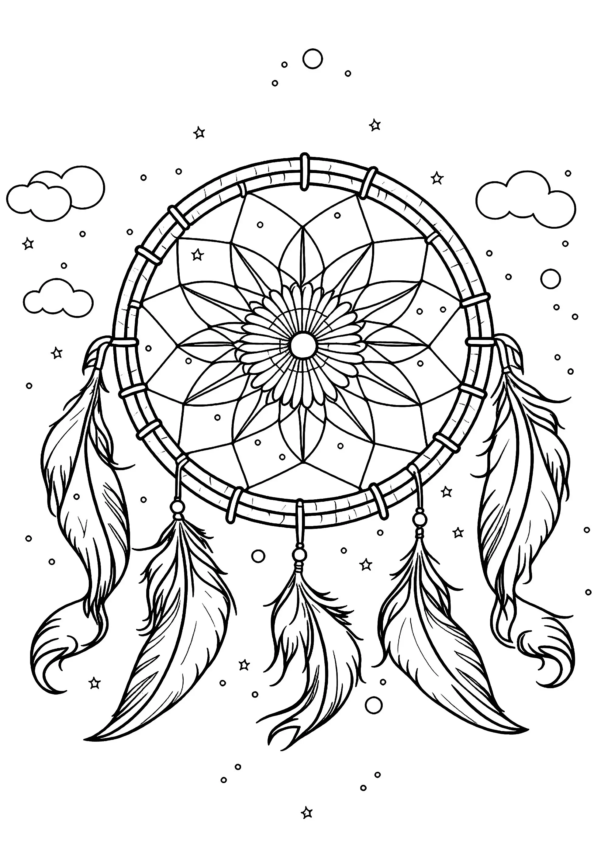 Attrape-rêve et nuages (Coloriage d'Attrape-Rêves (Dreamcatchers) à imprimer pour enfants)