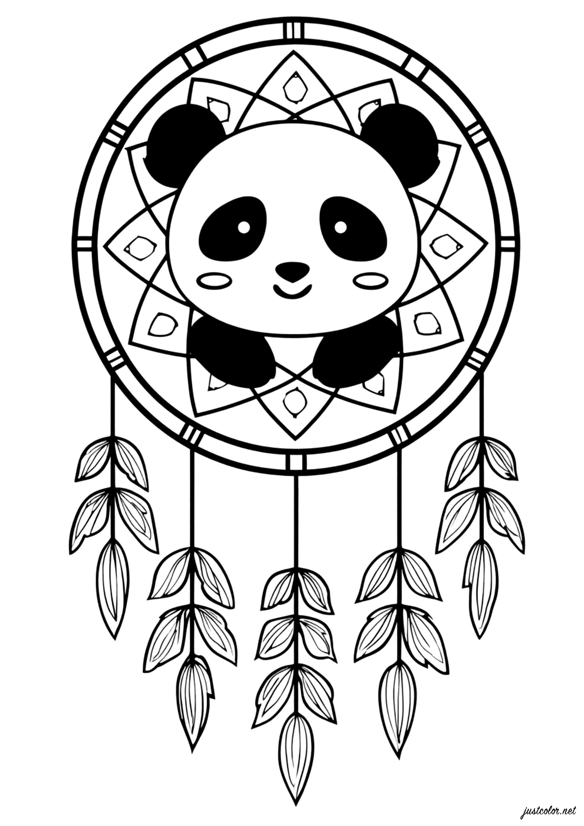 Charme apaisant du Panda (Coloriage d'Attrape-Rêves (Dreamcatchers) à imprimer pour enfants)