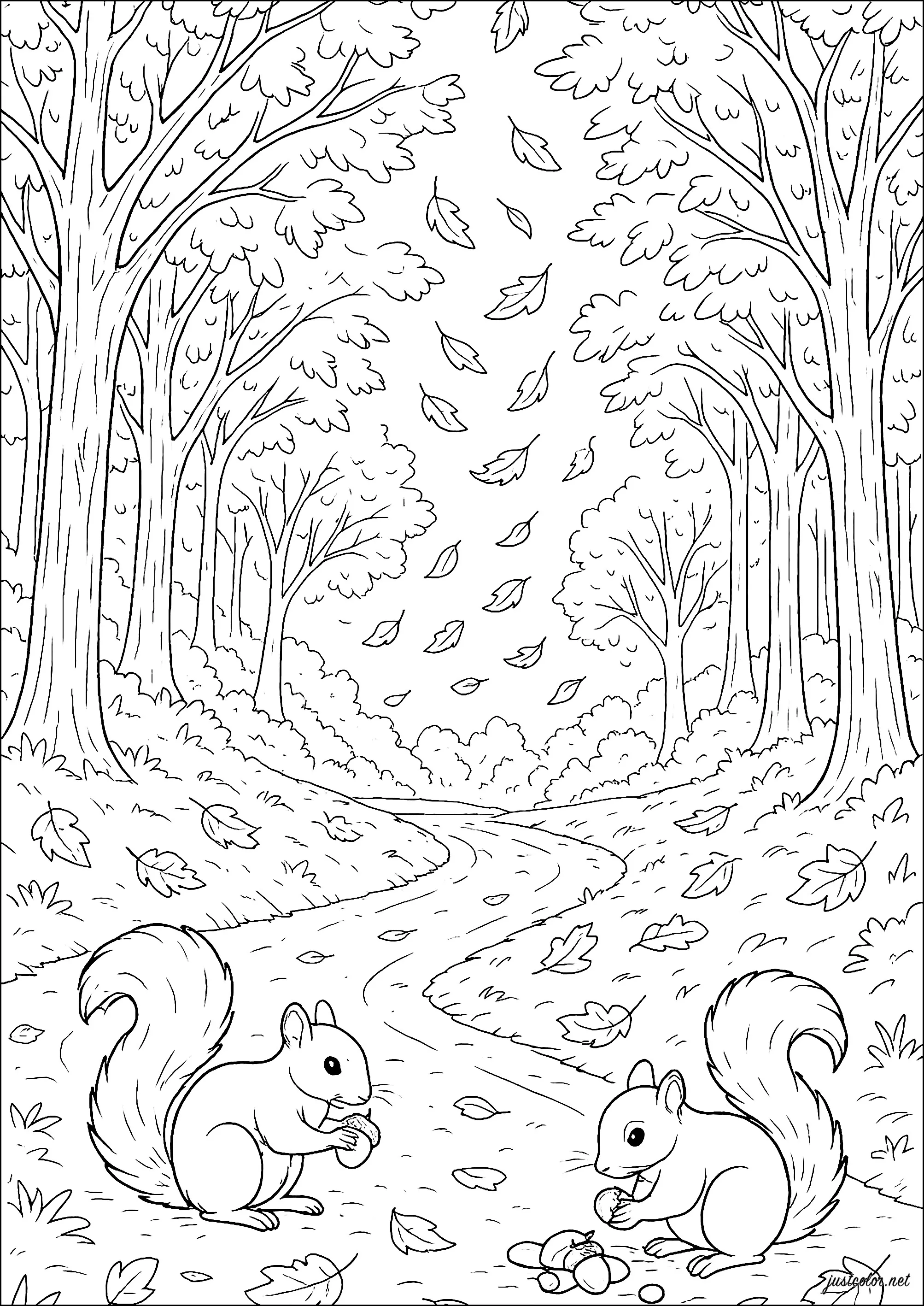 Squirrels Playing in Autumn Leaves (Coloriage de Écureuils à imprimer pour enfants)