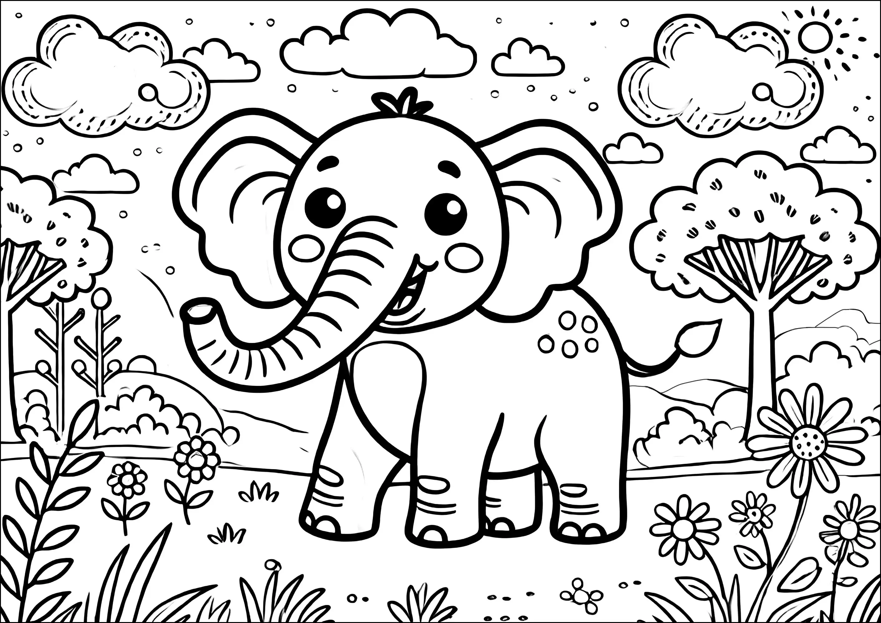 Petit éléphant dans la savane (Coloriage de Éléphants à imprimer pour enfants)