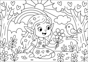 La jeune elfe et la forêt enchantée (Coloriage)