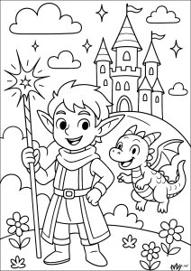 Aventure fantastique avec un dragon et un elfe (Coloriage)