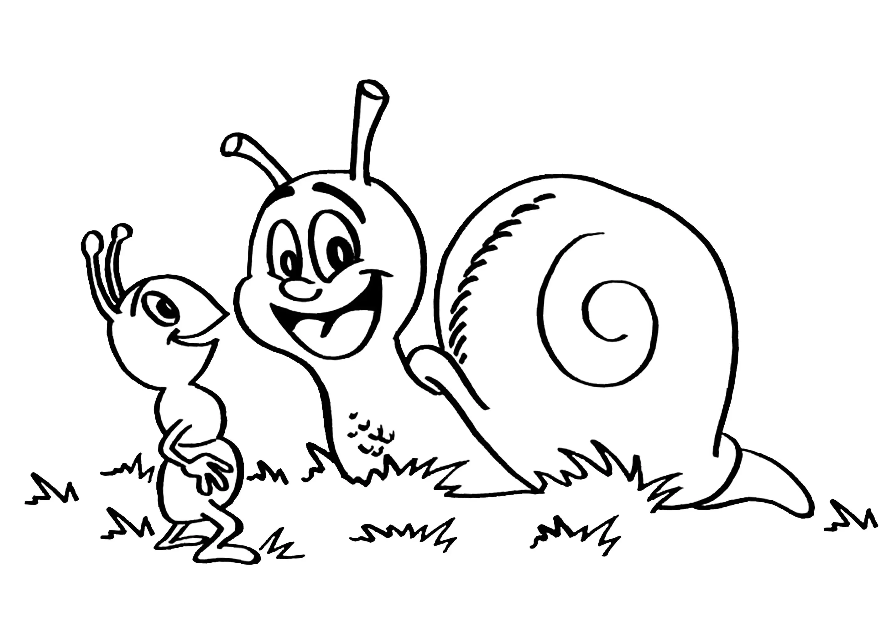 Escargot et son amie la fourmi (Coloriage à imprimer pour enfants)