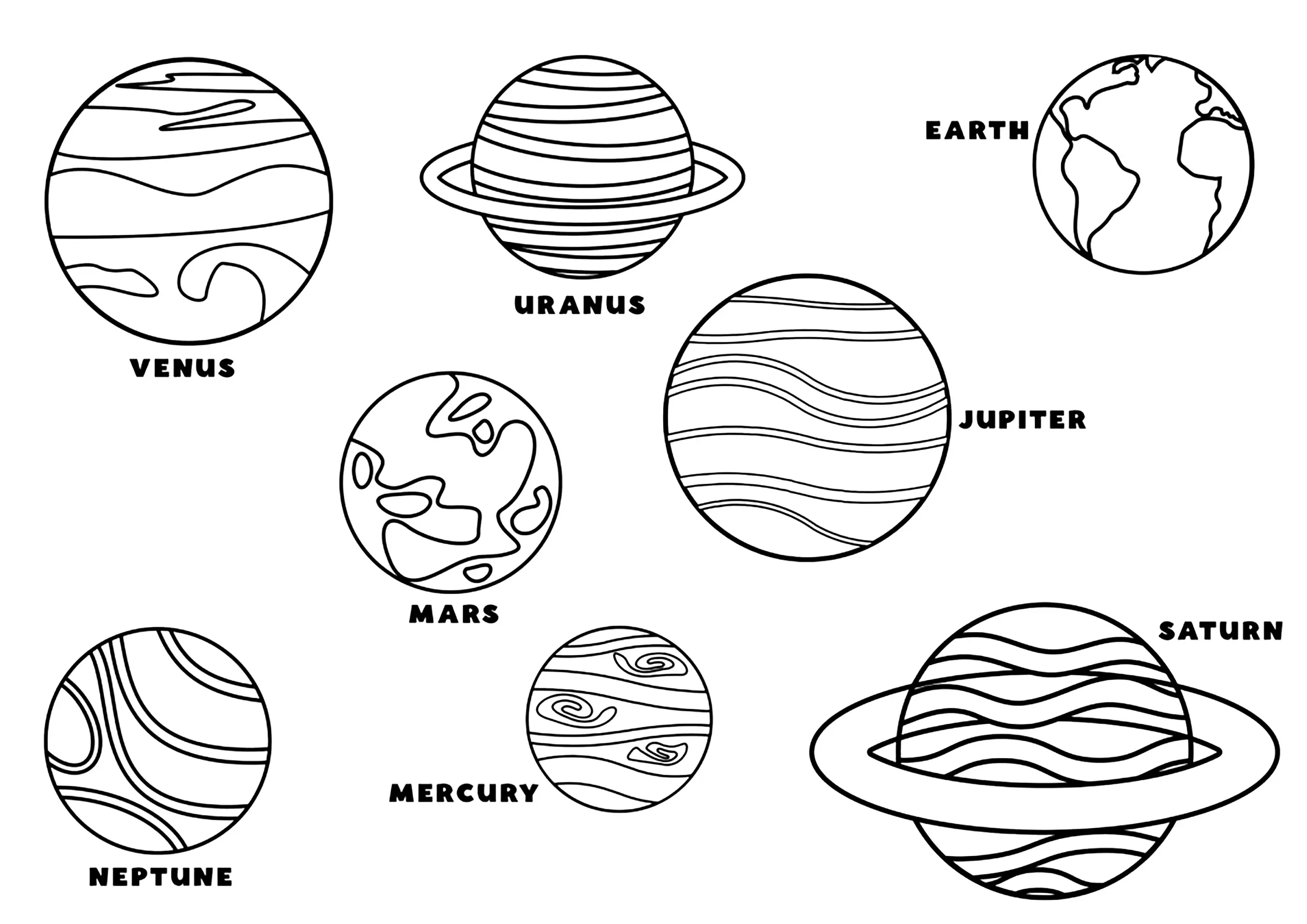 Système Solaire : Les huit planètes (Coloriage d'Espace (Planètes, Astres, Univers, Galaxies …) à imprimer pour enfants)