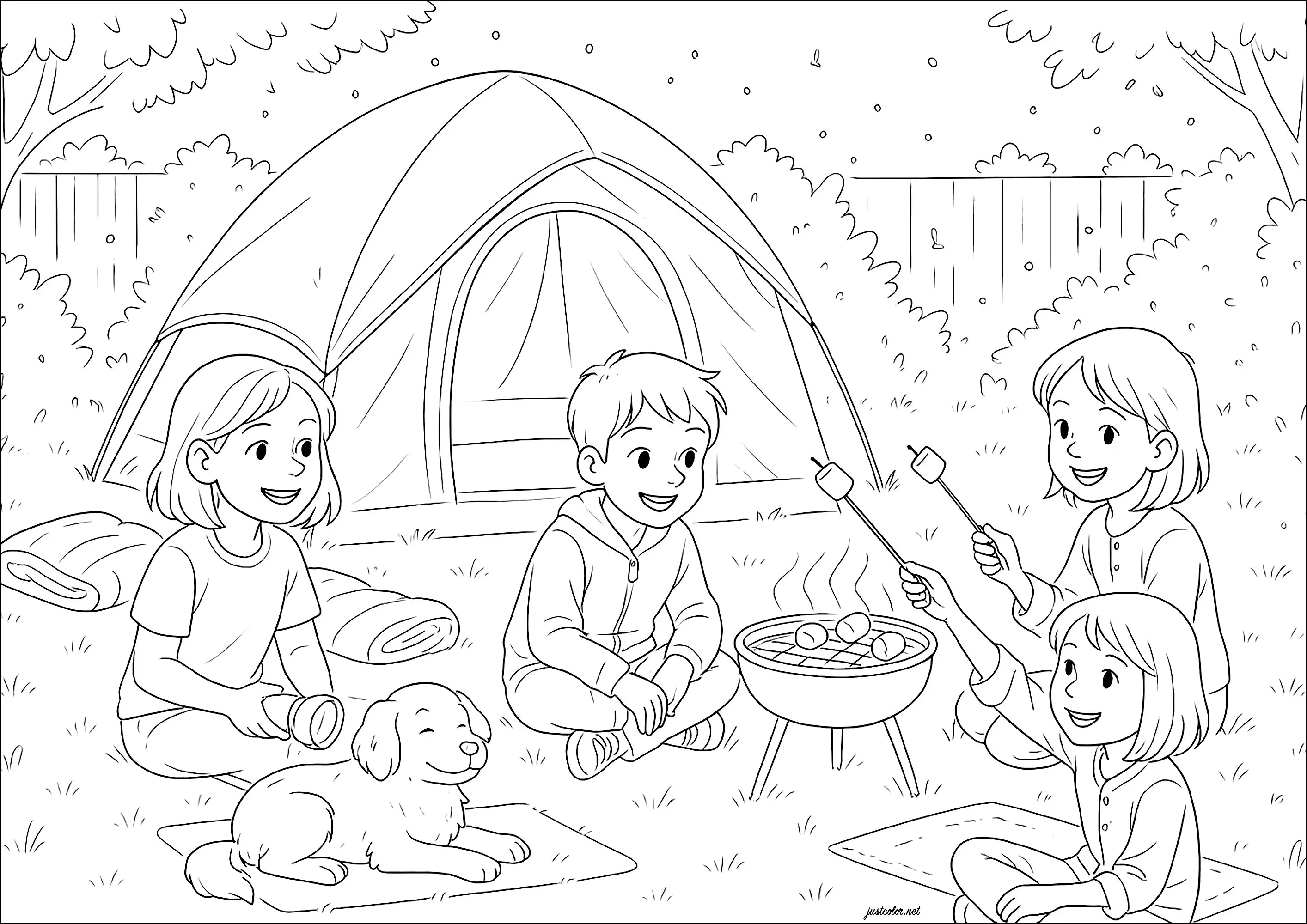 Petit barbecue d'été entre amis (Coloriage de Été à imprimer pour enfants)