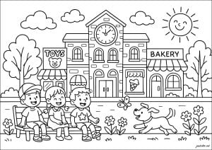 Journée ensoleillée dans un parc de la ville (Coloriage de Été)