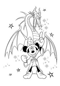 Coloriage Fantasia : Mickey et dragon