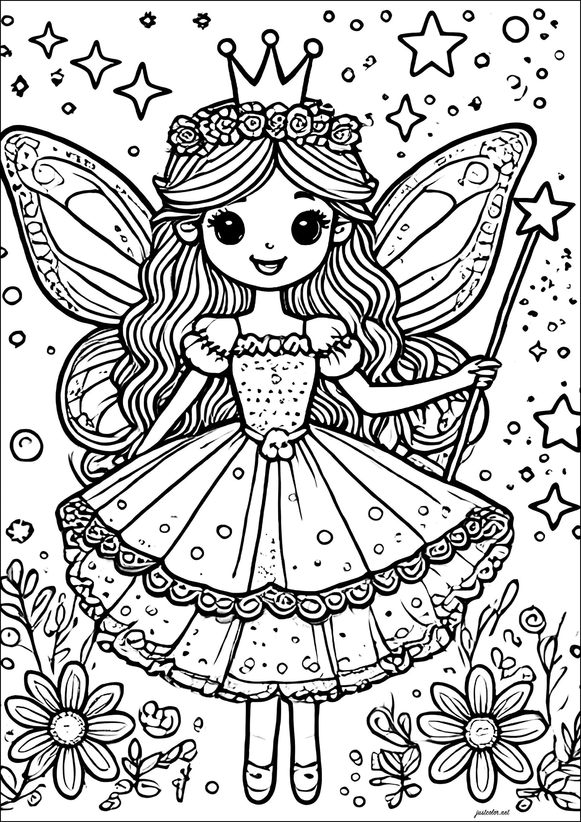 Jolie fille avec ses ailes et sa baguette magique (Coloriage de Fées à imprimer pour enfants)