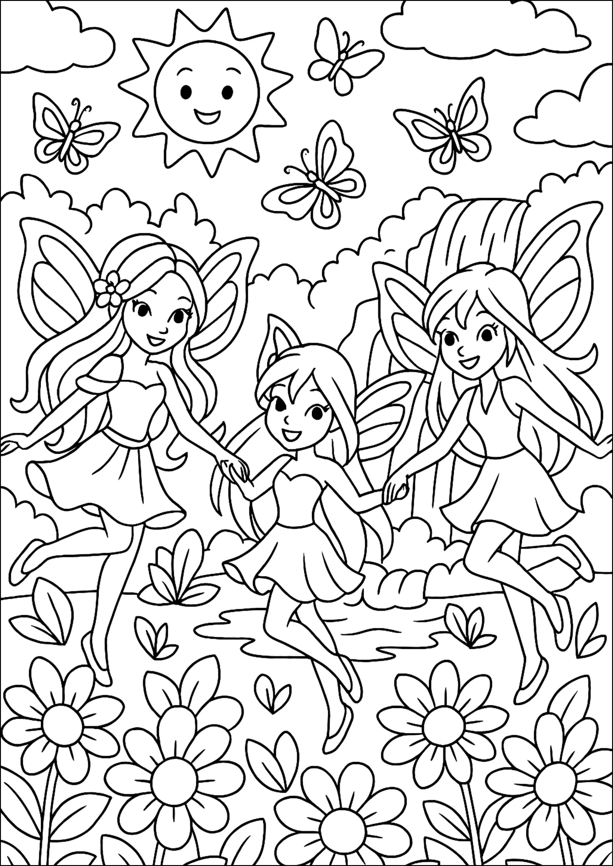 Au pays des Fées Joyeuses (Coloriage à imprimer pour enfants)
