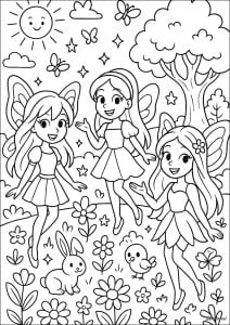Fées dans au jardin enchanté (Coloriage)