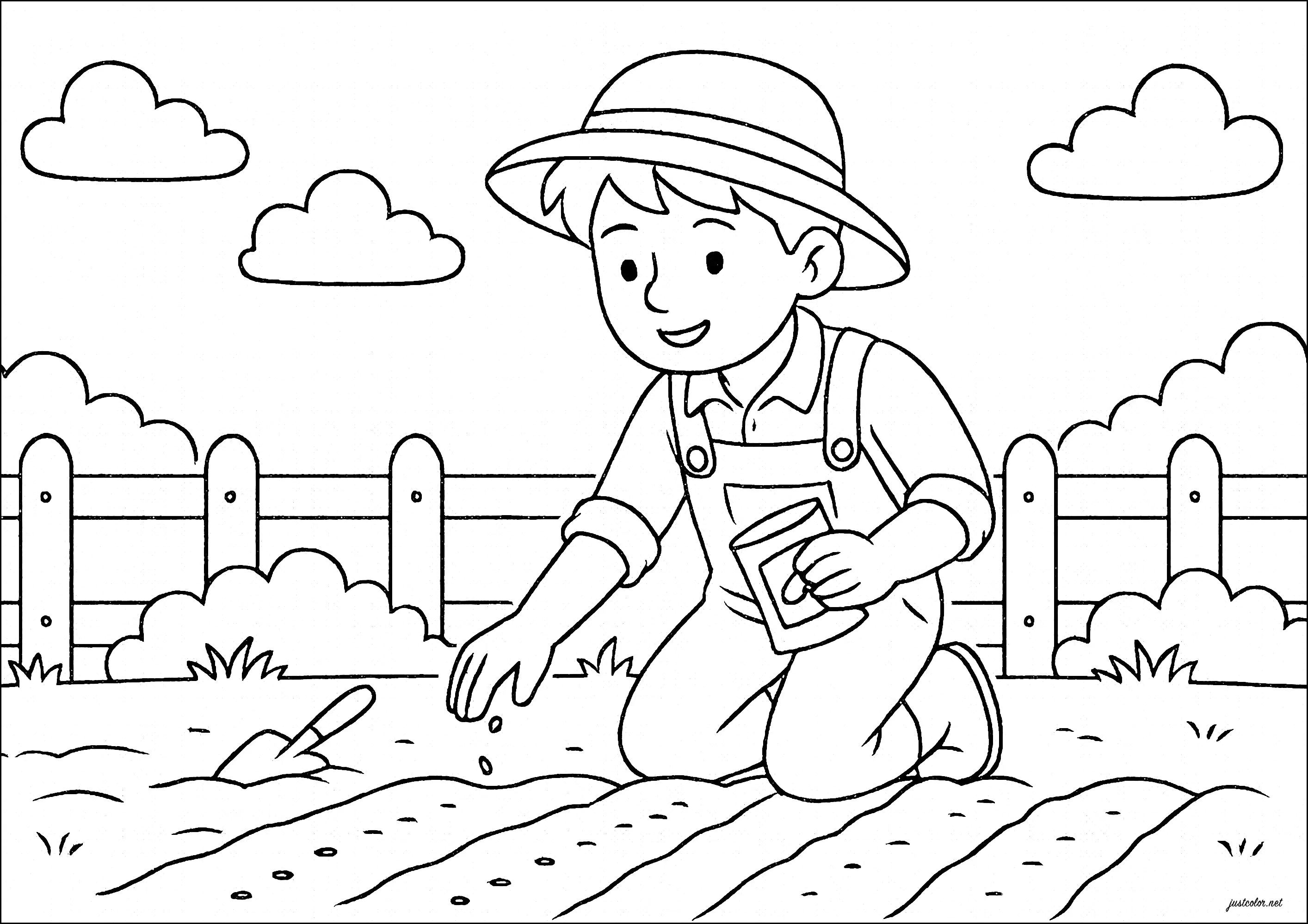 Jeune fermier semant des graines dans son potager (Coloriage de Ferme à imprimer pour enfants)