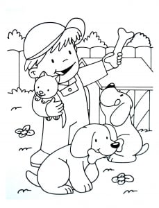 Petit fermier avec son chat et ses chiens (Coloriage de Ferme)