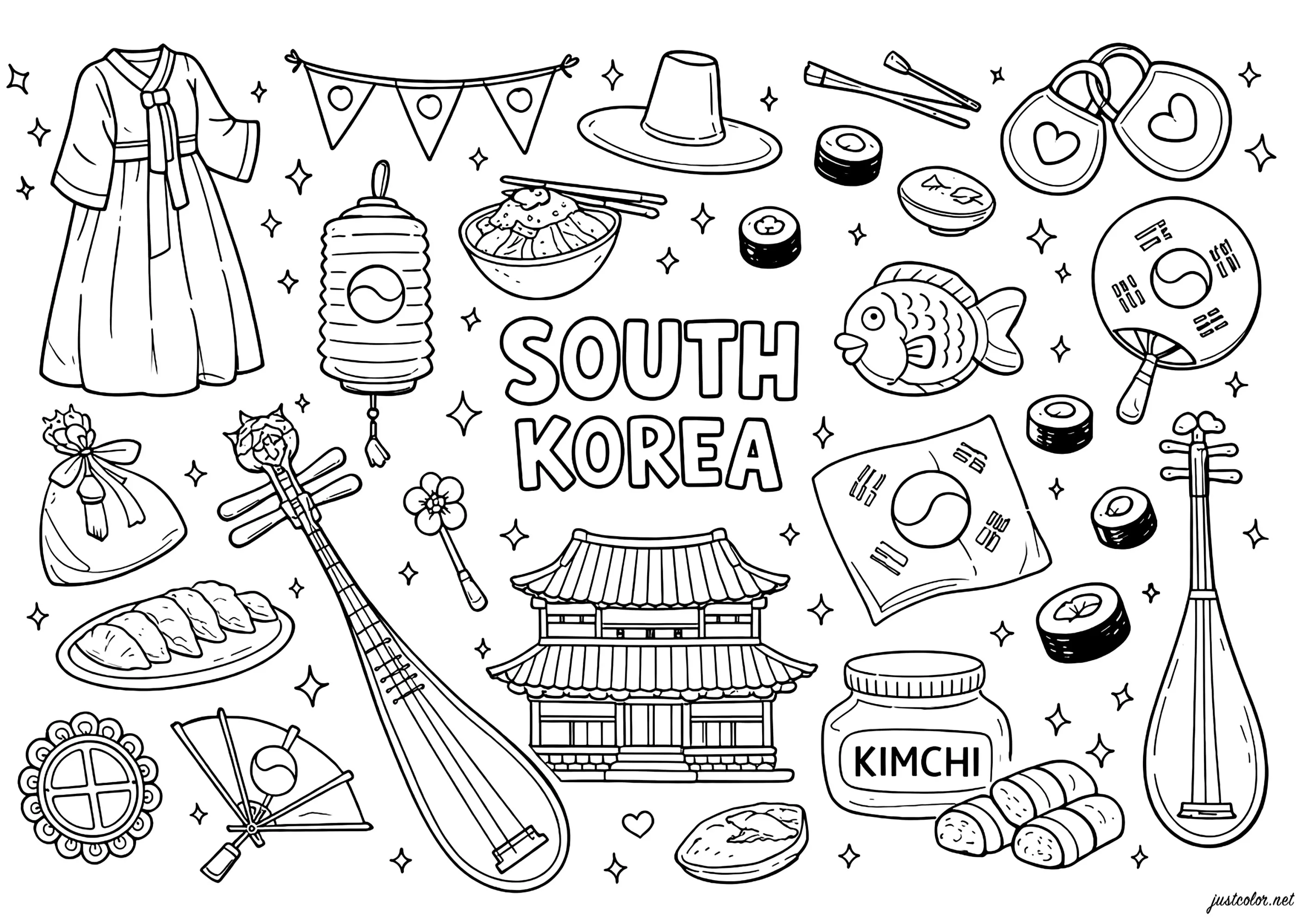 Culture vibrante de la Corée du Sud (Coloriage de Festivals & Traditions coréennes à imprimer pour enfants)