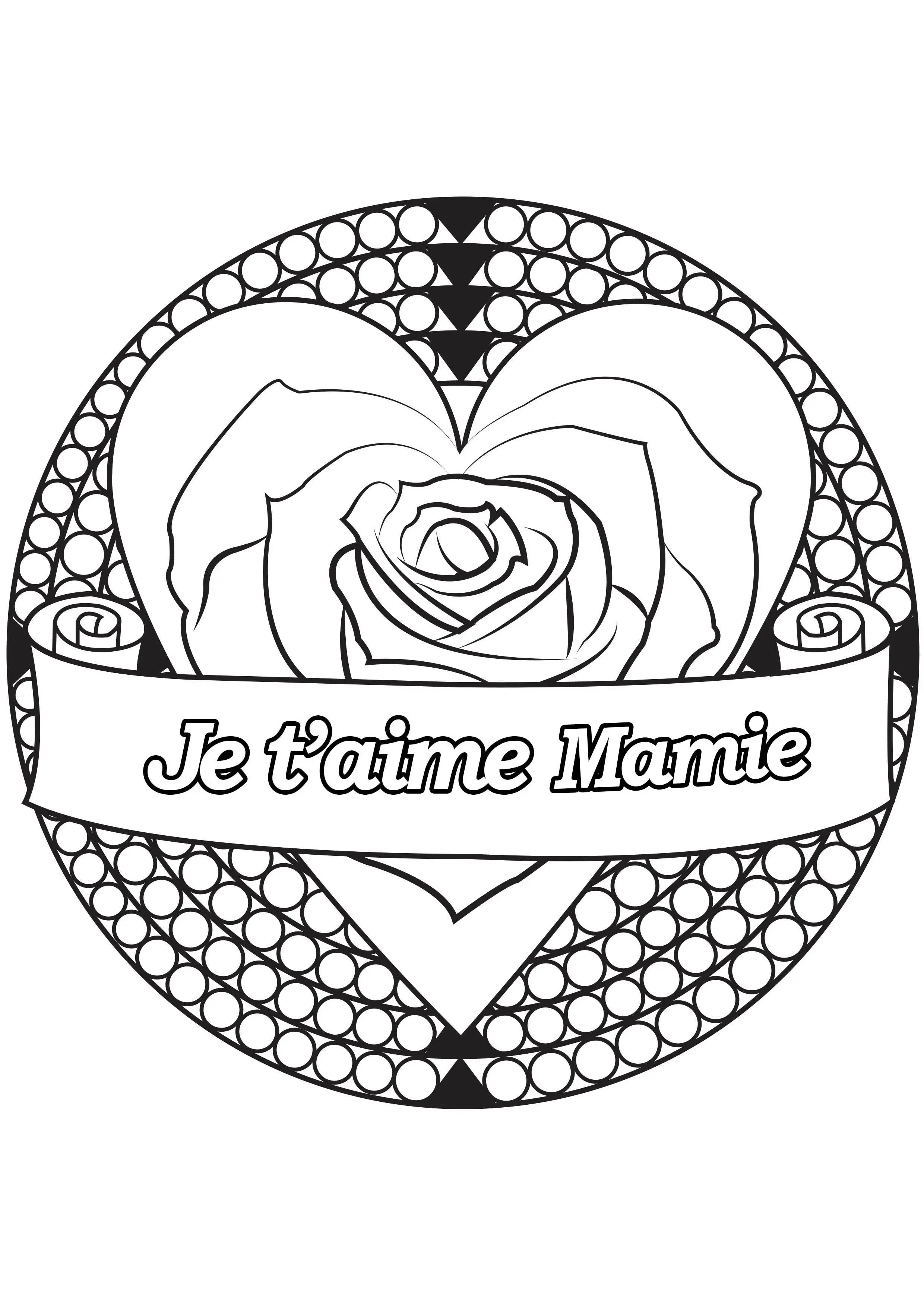 Rose et texte "Je t'aime Fête Mamie" (Coloriage de Fête des Grands-parents à imprimer pour enfants)