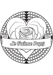 Rose et texte "Je t'aime Fête Papy" (Coloriage de Fête des Grands-parents)