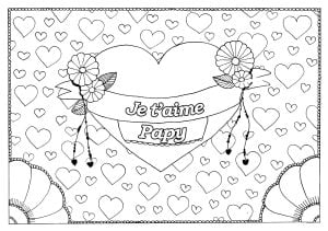 "Je t'aime Papy" dans un gros coeur entouré de petits coeurs (Coloriage de Fête des Grands-parents)
