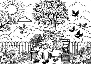 Moments de douceur dans le jardin (Coloriage de Fête des Grands-parents)