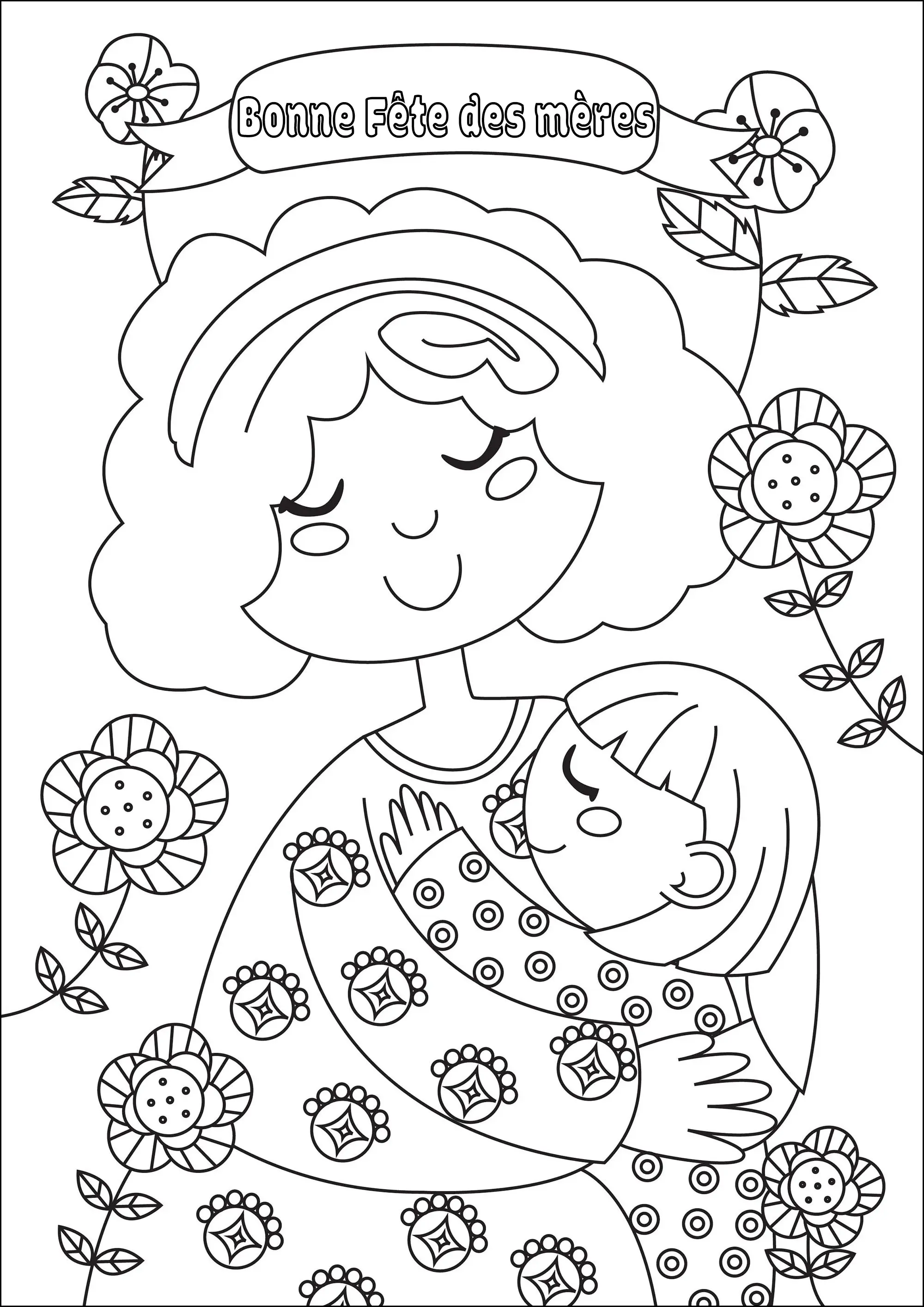 "Bonne fête des mères" : L'amour entre une maman et sa fille (Coloriage à imprimer pour enfants)