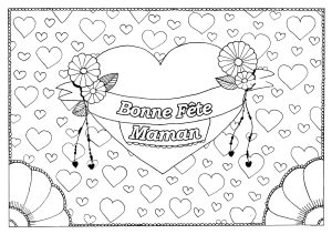 "Bonne Fête Maman" : gros coeur et petits coeurs (Coloriage de Fête des mères)